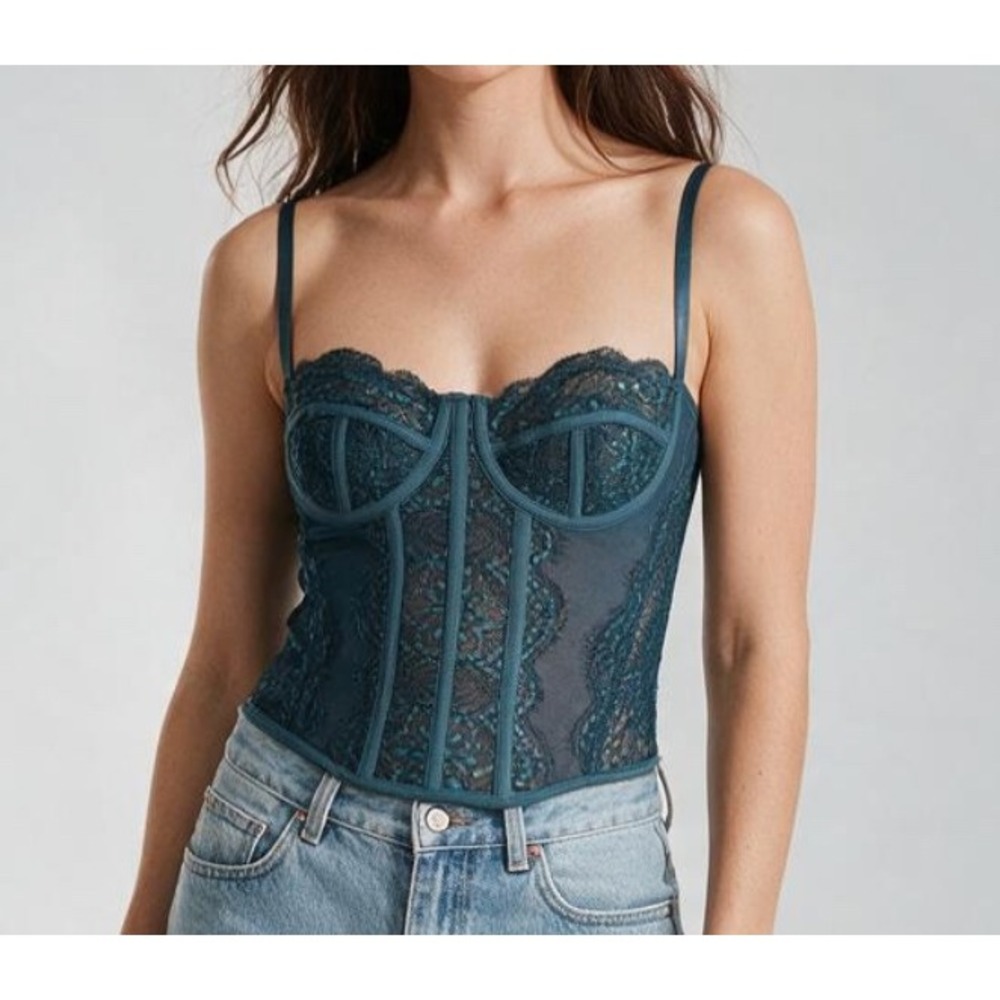 NWT Shein Bae DARK GREEN CORSET BUSTIER TOP Underwire/Boned Mesh Lace SIZE M